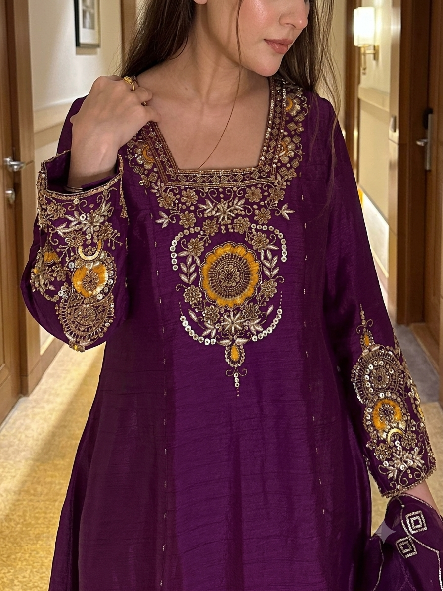 Purple Vichitra Silk Zari Embroidered Anarkali Suit Set