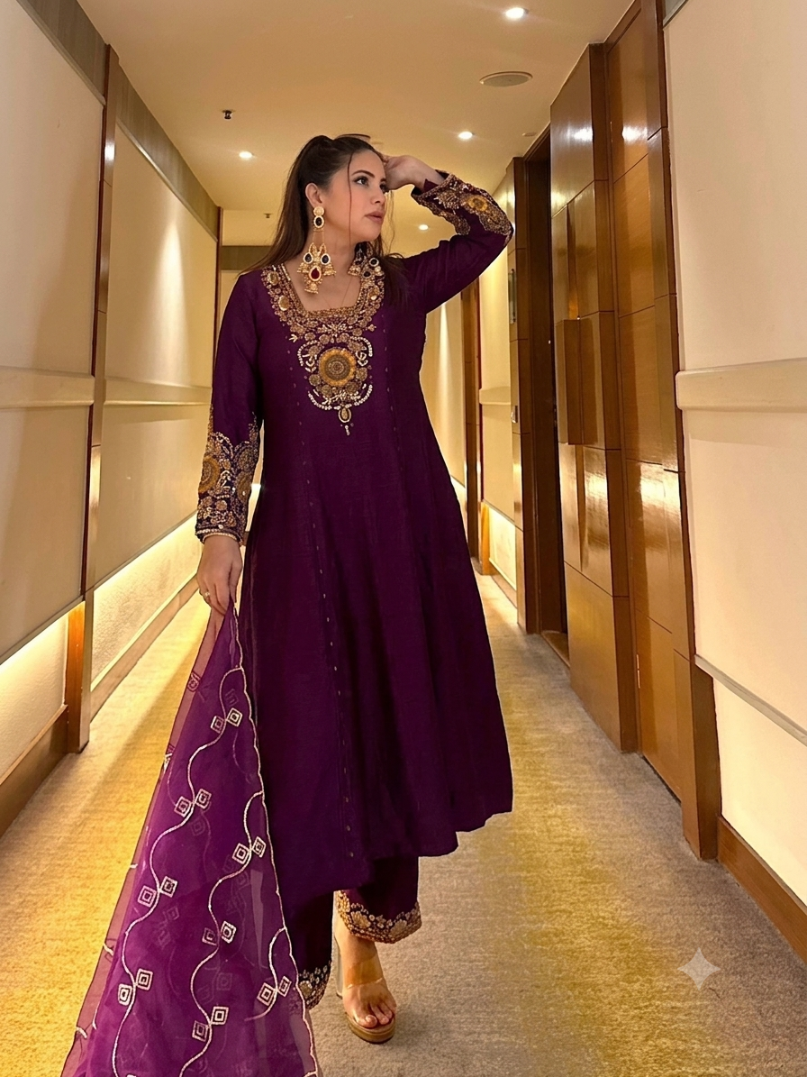 Purple Vichitra Silk Zari Embroidered Anarkali Suit Set