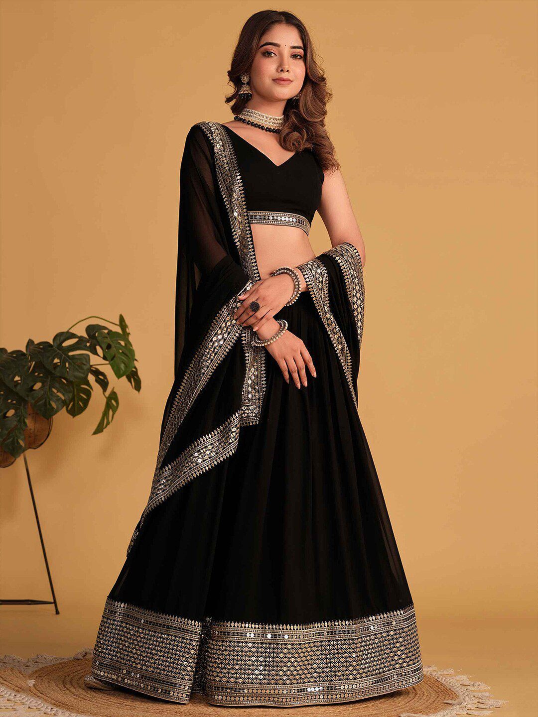 Black sequin embroidered lehenga choli with dupatta