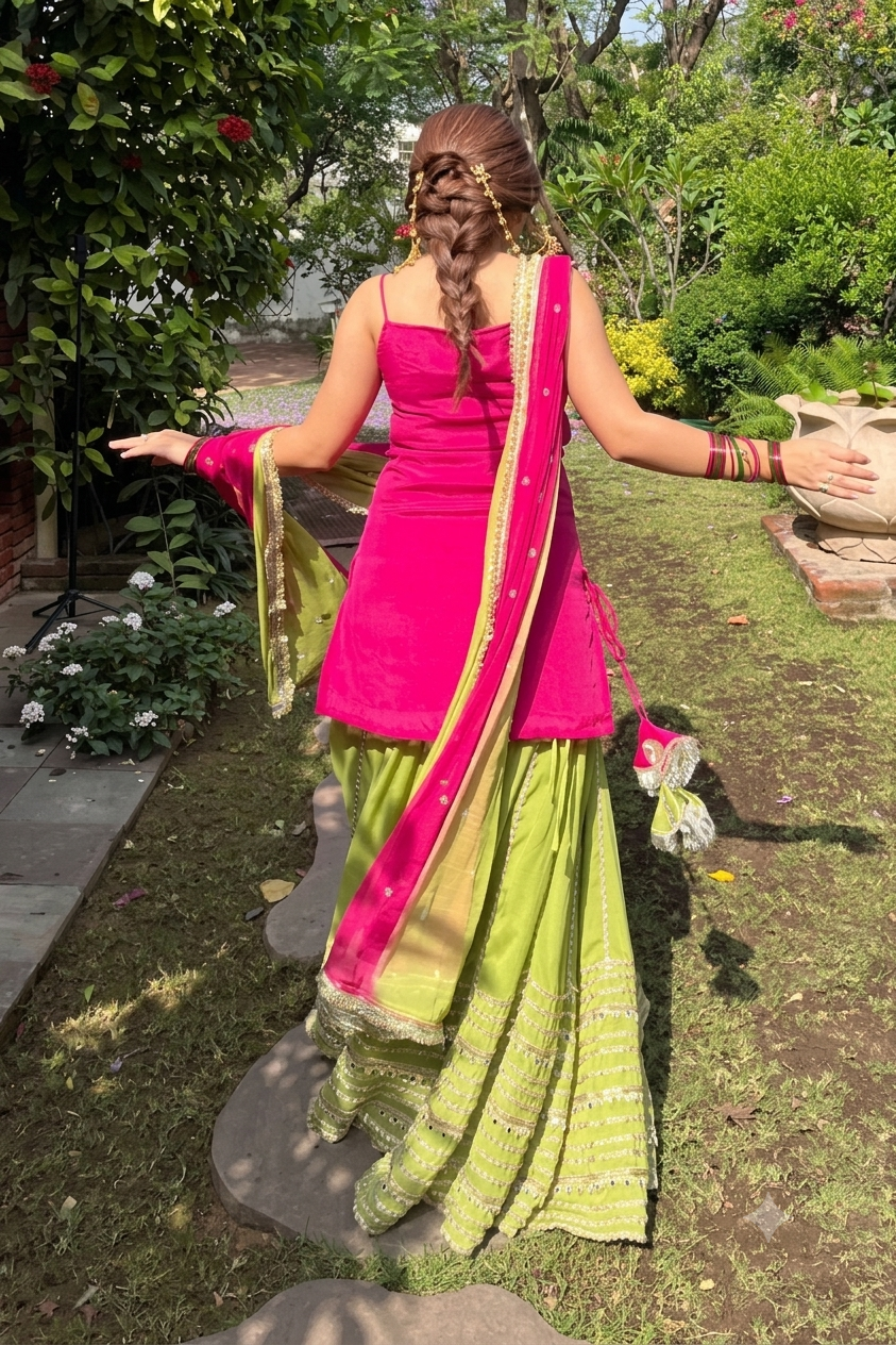 Rani Pink Kurti with Green Lehenga Suit Set