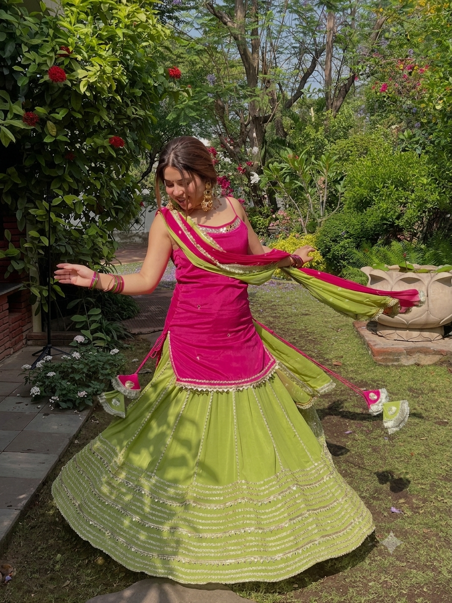 Rani Pink Kurti with Green Lehenga Suit Set
