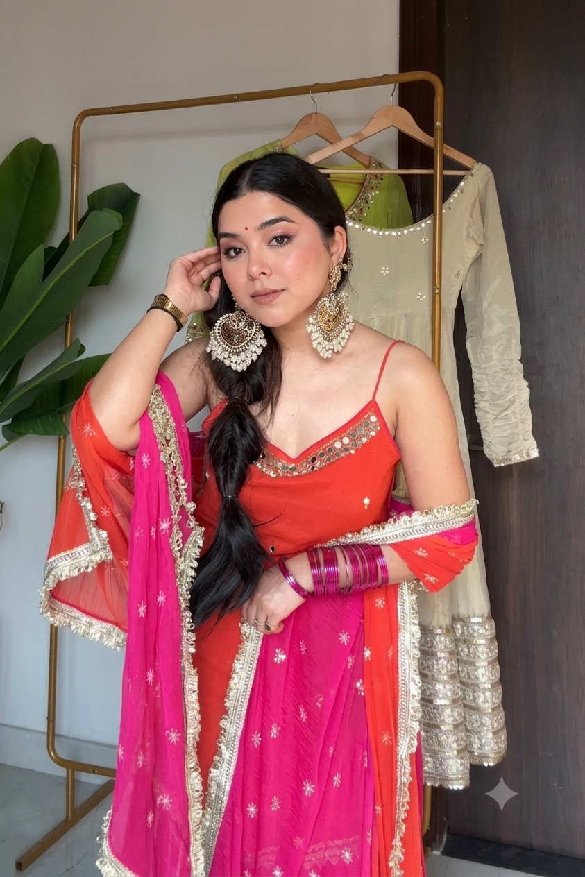 Orange Kurti with Rani Pink Lehenga Suit Set