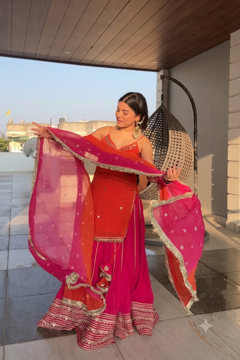 Orange Kurti with Rani Pink Lehenga Suit Set
