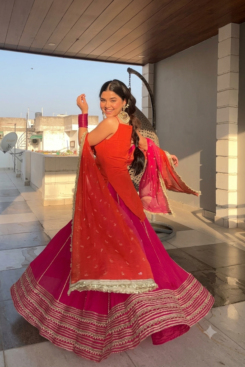 Orange Kurti with Rani Pink Lehenga Suit Set