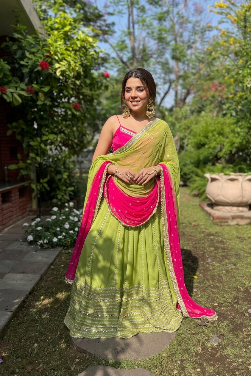 Rani Pink Kurti with Green Lehenga Suit Set