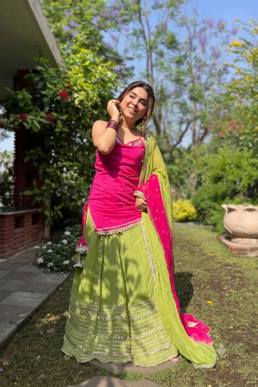 Rani Pink Kurti with Green Lehenga Suit Set