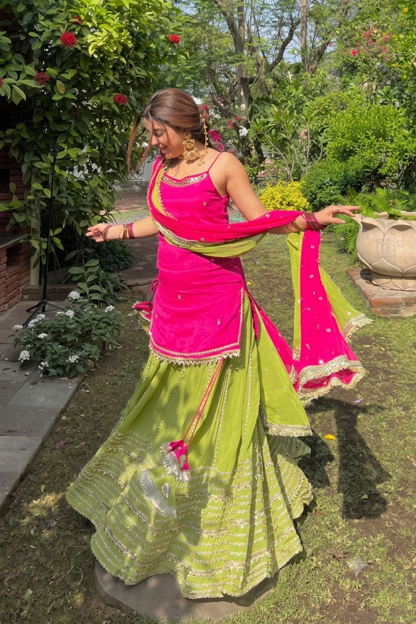 Rani Pink Kurti with Green Lehenga Suit Set