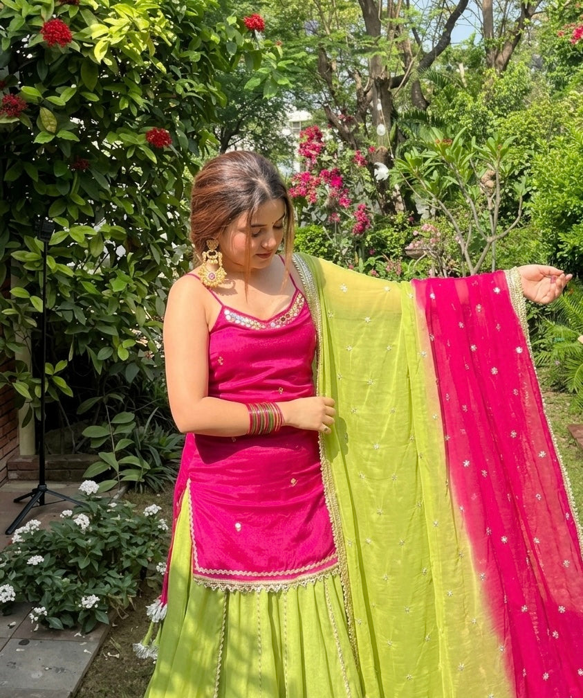 Rani Pink Kurti with Green Lehenga Suit Set