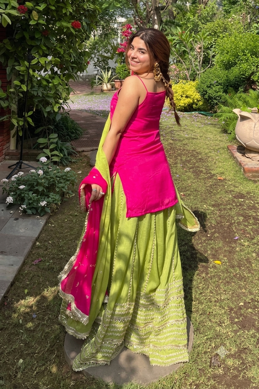 Rani Pink Kurti with Green Lehenga Suit Set