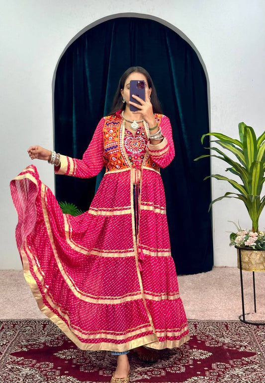 Navratri Special Bandhani Print Shrug and Heavy Embroidered Blouse Set