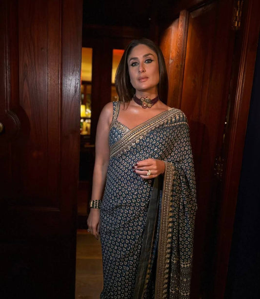 Kareena Kapoor Designer Pure Faux Georgette Digitally Printed Saree with Handcraft Real Mirror Work