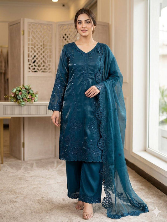 Pakistani Style Glass Roman Sequin Embroidered Suit Set with Jimmy Choo Dupatta