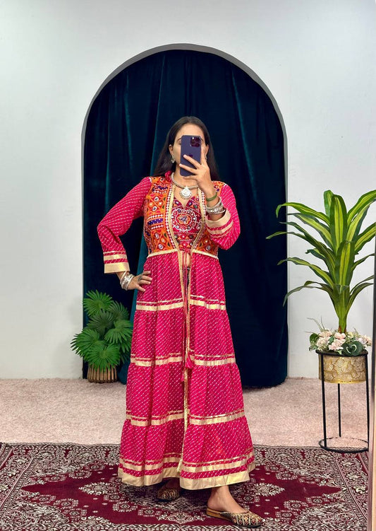 Navratri Special Bandhani Print Shrug and Heavy Embroidered Blouse Set