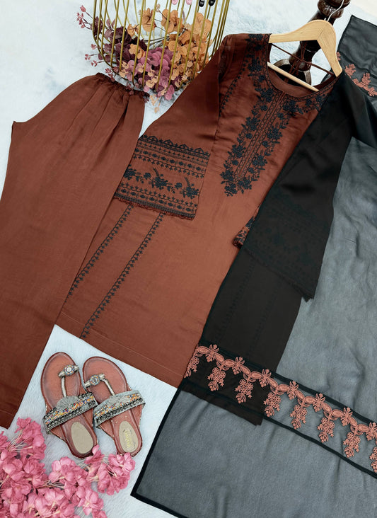 Designer Party Wear Pure Roman Silk Top & Bottom Set with Faux Georgette Dupatta