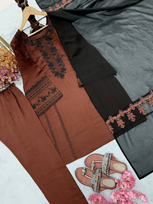 Designer Party Wear Pure Roman Silk Top & Bottom Set with Faux Georgette Dupatta