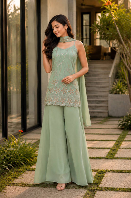 Heavy Embroidered Faux Georgette Kurti Palazzo Suit Set with Dupatta
