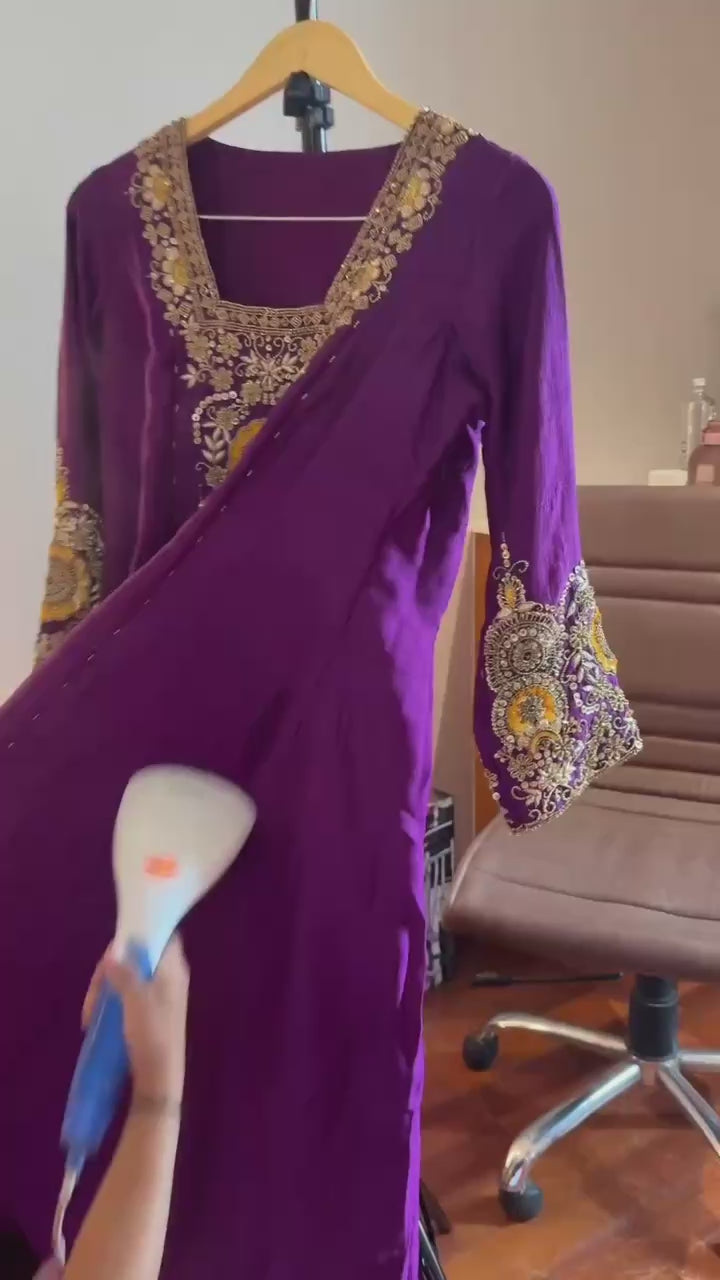 Purple Vichitra Silk Zari Embroidered Anarkali Suit Set video