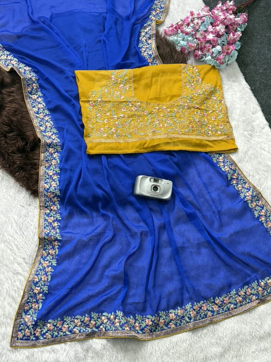 Mustard Yellow Georgette Saree with Teal Embroidered Border