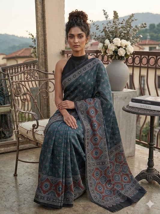 Teal Ajrakh Block Print Saree