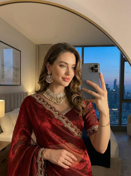 Ruhani Wine Satin Fendy Saree