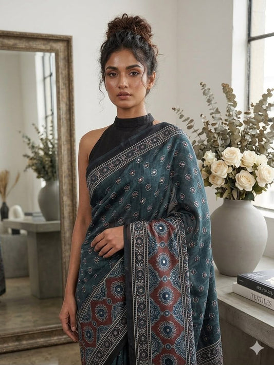 Teal Ajrakh Block Print Saree