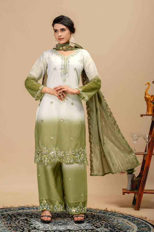 Premium Georgette 3-Piece Kurti Palazzo Set with Beads Cut Dana Work