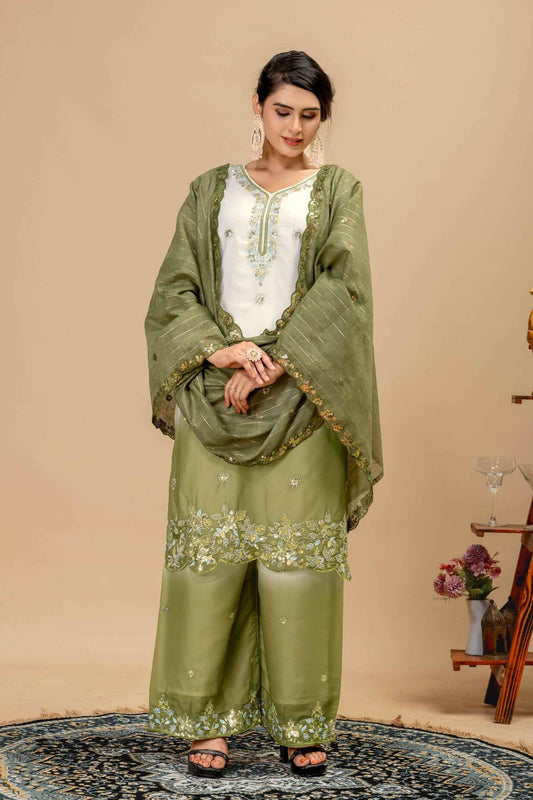 Premium Georgette 3-Piece Kurti Palazzo Set with Beads Cut Dana Work
